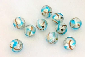 Palline tonde perle vetro di Murano lavorato a lume argento turchese e marrone quantità 10 - Foto 1 di 1
