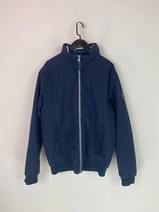 Timberland Navy Bomber Jacket Nylon Zip Pockets Ribbed Hem Cuffs Hidden Hood M - Picture 1 of 10