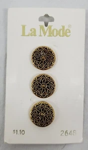 VINTAGE ~ Antique Gold Round Buttons - 3 Ea. #22648 16mm 5/8" - By La Mode - 04 - Picture 1 of 8