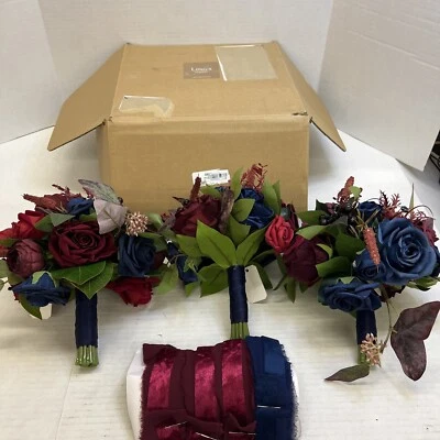 Juego de 3 ramos de dama de honor Ling's Moment borgoña y azul marino, ramo de boda... Foto 1 de 3