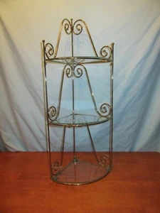 Vintage Mid Century Large Gold Ornate Metal Glass Wall Hanging Corner 3 Shelf 26 - Picture 1 of 8
