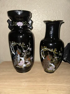 Vintage Japan Porcelain Vase - Black w/Peacocks Set - Picture 1 of 3