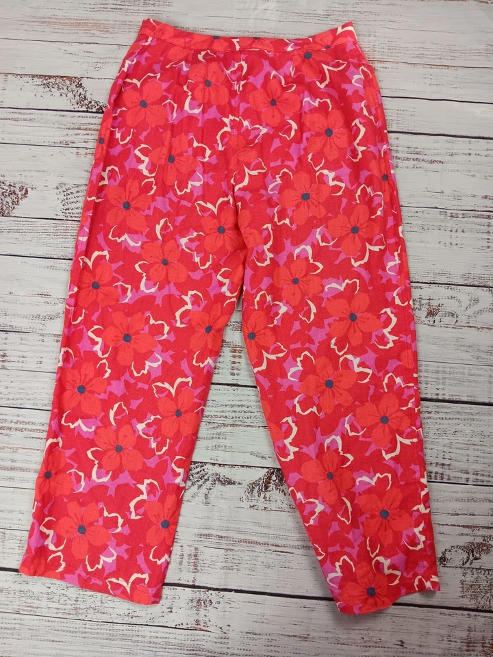 Pantalones boho Sigrid Olsen SO azules para mujer 10 rojos florales 100 % lino tobillo recto Foto 1 de 4