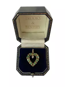 9 kt Gold Smaragd und Diamant Anhänger - Herzform Smaragd Vintage Pendant - Bild 1 von 20