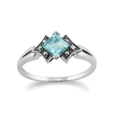 Art Déco Stile Quadrato Topazio Blu E Marcasite Anello IN 925 Argento Sterling - Immagine 1 di 4