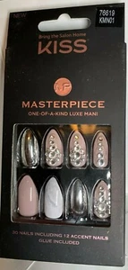 Kiss Nails MASTERPIECE Glue on Manicure Medium Pink Silver Jewels chrome marble - Picture 1 of 1