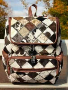 Real Cowhide Patchwork Backpack Tricolor School Bag Diaper Bag Hairon Leather - Bild 1 von 3