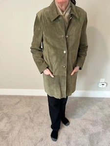 SPOTLESS J Jill Sage Green Calf Suede Coat Long Jacket Womens MED TALL - Picture 1 of 9