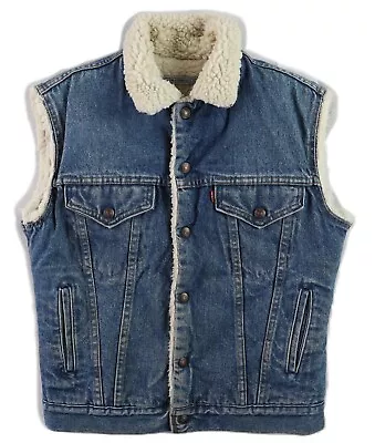 VTG 80s LEVI'S USA Men's 18 Blue 100% Cotton Denim Sherpa Fleece Lined Vest - Image 1 of 4