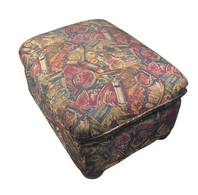 Vtg Tapestry Ottoman Footstool Eclectic Upholstered Mystery Stool Bibliophile - Image 1 of 4