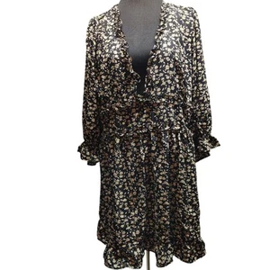 Boohoo Floral Dress Black Mini Women's Size 16 Ruffle Sheer Balloon Sleeve NWT - Picture 1 of 13