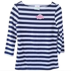 NEW LollyWolly Doodle Stripe Shirt Small Blue White Nautical 3/4 Sleeves Top - Picture 1 of 4