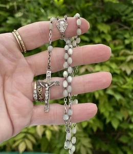 French Rosary Mother Of Pearl Beads Medals Silver 16” Prayer White Grey Small - Picture 1 of 10