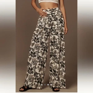 Nuevo Ollari Anthropologie Blanco y Negro Mezcla de Lino Floral Pierna Ancha Pantalones Grandes - Imagen 1 de 10