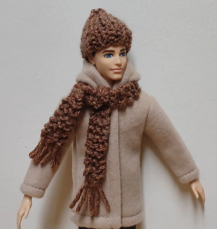 Ken 12" Doll Clothing Tan Fleece Jacket plus hand knit Brown Tweed Hat and Scarf - Image 1 of 1