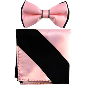 New formal Men's polyester pre-tied bow tie_hankie black pink stripes prom - Picture 1 of 3