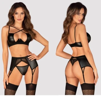 OBSESSIVE SET BÜGEL BH STRING STRAPSHALTER schwarz wetlook clubwear gogo - Bild 1 von 4