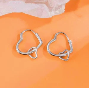 Womens Girl 925 Sterling Silver Double Love Heart Hoop Stud Earring Jewellery UK - Picture 1 of 6