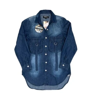 Thrill Jeans Denim Collection Blue Tunic Long Blouse 2 Pockets Women Medium NWT - Picture 1 of 5