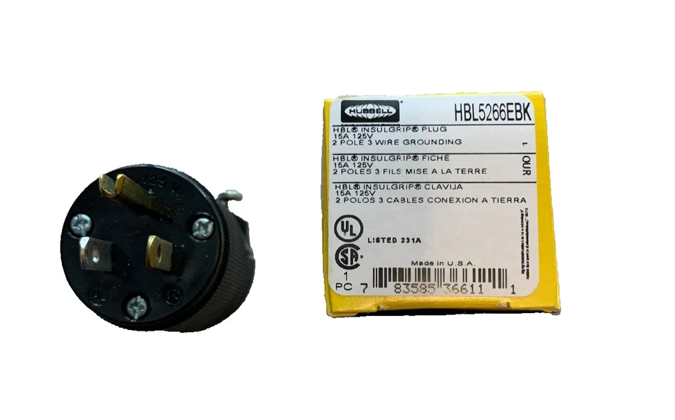 HUBBELL HBL5266EBK Straight Blade Plug: 5-15P, 15 A, 125V AC, B/W, 2 Poles - Image 1 of 1