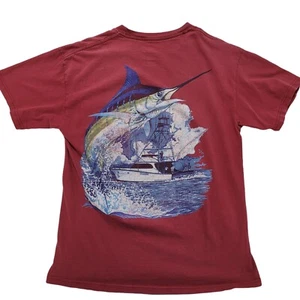 Guy Harvey Original Sz Medium Red Bluewater Marlin Fish AFTCO T-Shirt Pocket - Picture 1 of 9