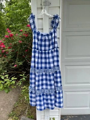 NWT J. Crew Pretty Royal Blue Check Lined Tiered Skirt Cotton MIDI Dress 2X - Image 1 of 4