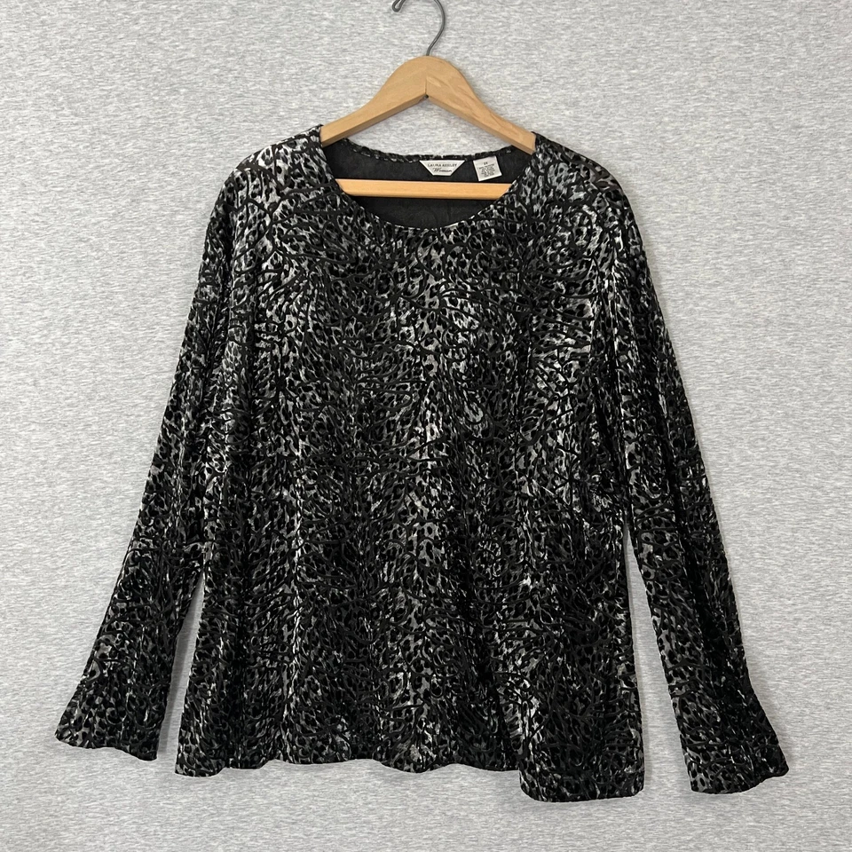Laura Ashley Burnout Top Womens 2X Black Leopard Velvet Velour Sheer Shimmer - Image 1 of 4