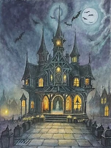 Halloween Gothic Mansion Charnel Haunted House Bats Illustration Watercolor - Picture 1 of 1