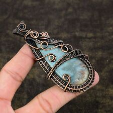 Caribbean larimar Gemstone Handmade Copper Wire Wrap Jewelry Pendant 3.54" T660