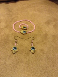 set of Bronze Hamsa Hand Pink crystal & Evil Eye : Bracelet & ring & earring - Picture 1 of 8