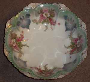 ANTIQUE MZ AUSTRIA HAND PAINTED PORCELAIN SERVING BOWL, RUFFLED EDGES, 10 1/2" - Picture 1 of 6