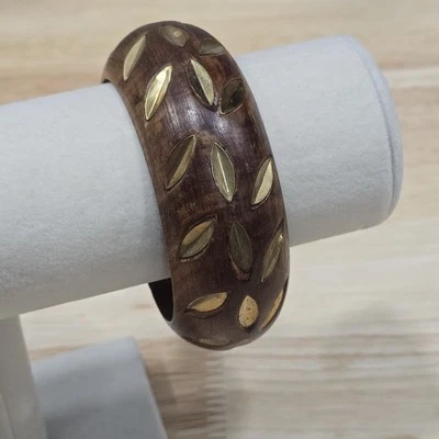 Bohemian Chunky Wooden Bangle Bracelet Carved Brass Inlay Inserts Brown Wood - Image 1 of 4