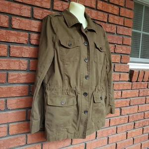 Talbots Green Brown Military Jacket Sz L Barn Chore Utility 100% Cotton Pockets - Picture 1 of 11