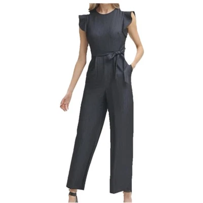 Calvin Klein Cambray Denim Manga Volantes Cinturón Pierna Ancha Mono Corto Bolsillos 6 Foto 1 de 4