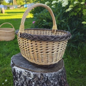 Handwoven Small Round Wicker Basket with Dark Rim | Rustic Gathering Basket - Picture 1 of 4
