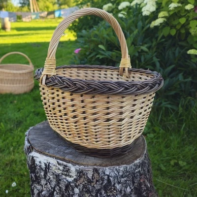 Handwoven Small Round Wicker Basket with Dark Rim – Rustic Gathering Basket - Image 1 of 4