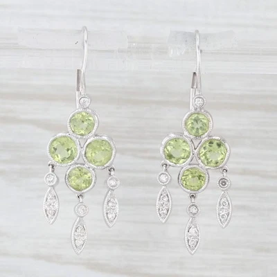 1.95ctw Green Peridot Diamond Dangle Earrings 14k White Gold Lever Backs - Image 1 of 4
