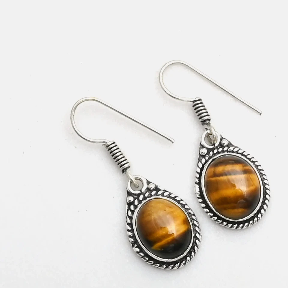 Pendientes colgantes hechos a mano con piedras preciosas ojo de tigre joyería regalo 1,4" AE-12355 Foto 1 de 1