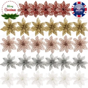 6PCS PVC Artificial Glitter Poinsettia Flowers,15cm Christmas Tree Hanging Decor - Picture 1 of 21