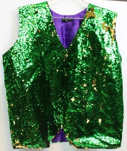 Carnival Mardi Gras Reverse Sequin Vest sz 2XL NWT 3855 Green Gold Lined - Picture 1 of 9