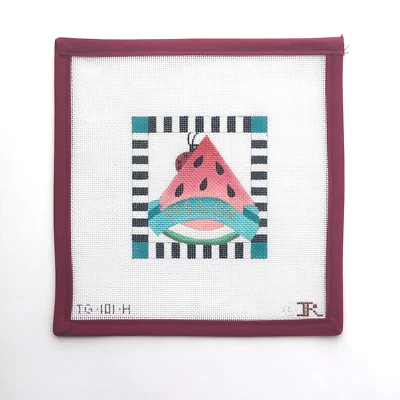 RENAISSANCE DESIGNS Handpainted Needlepoint Canvas Watermelon Ladybug 18 Mesh - Image 1 of 4