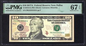 🇺🇸 2017A $10 DALLAS NEAR SOLID S/N ♚♚55555558♚♚ PMG SUPERB GEM UNC 67 EPQ - Picture 1 of 2