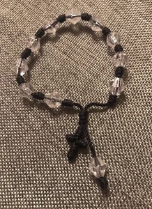 Clear Beads Crocheted Into Black Bracelet Cross Embellishment Slide To Size - Picture 1 of 3