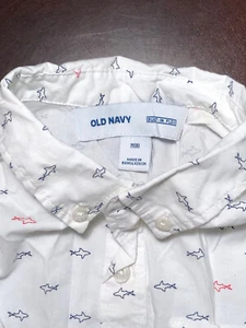 OLD NAVY Boys Sz M (8) White W/ Blue Red Sharks Button Down Aloha Hawaiian Shirt - Picture 1 of 3