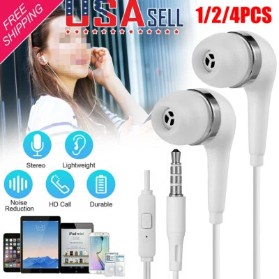 1-4 Pcs In-Ear Earphones Earbuds Headphones with MIC 3.5mm Universal White Wired - Image 1 of 4