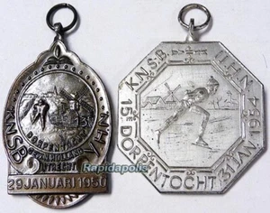 Genuine 1950 + 1954 Holland KNSB Ice Skating Tour Medals featuring Windmills - Imagen 1 de 6