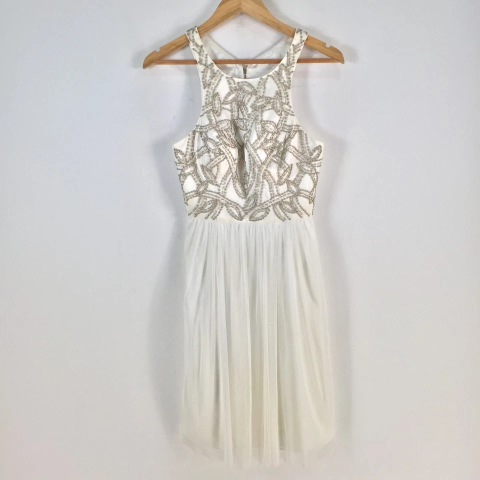 Vestido mujer George talla 8 ajuste acampanado blanco cuentas sin mangas mezcla seda 082412 Foto 1 de 4