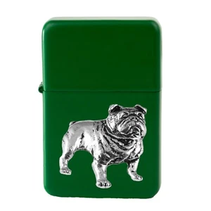 D14 Bulldog Pewter design on a GREEN flip top petrol lighter windproof - Picture 1 of 1