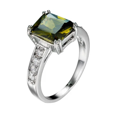 Wedding Gift Natural Square Olive Peridot Gems Silver Lady Rings US Size 7 8 9 - Image 1 of 4