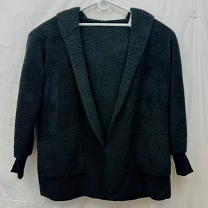 Utyful Fleece Open Front Hooded Cardigan Women XL Fuzzy w/ Pocket Black - Picture 1 of 7
